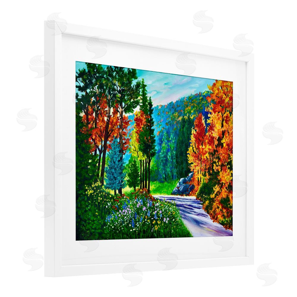 Lee Ann Zirbes Sunlit Autumn Woodland Pathway White Framed Print Under Glass with White Mat Wall Art