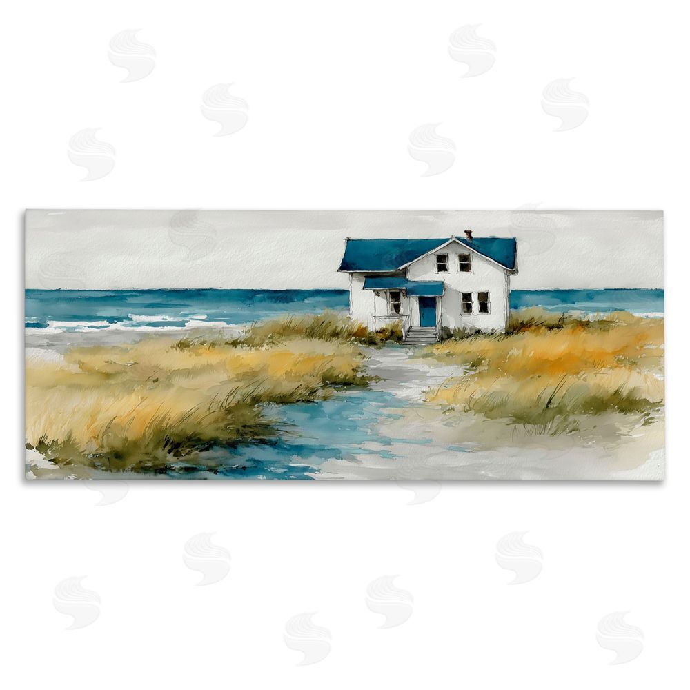 A Barefoot Stylist Blue Roof Cottage by the Sea Stretched Canvas Wall Art Print