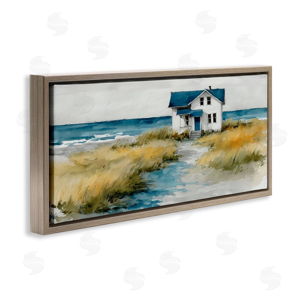 A Barefoot Stylist Blue Roof Cottage by the Sea Brown Floating Frame Canvas Wall Art Print