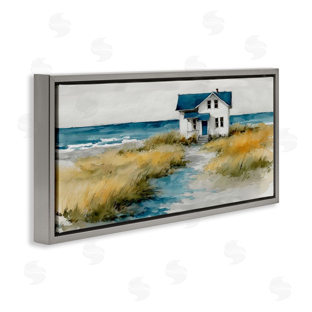 A Barefoot Stylist Blue Roof Cottage by the Sea Gray Floating Frame Canvas Wall Art Print