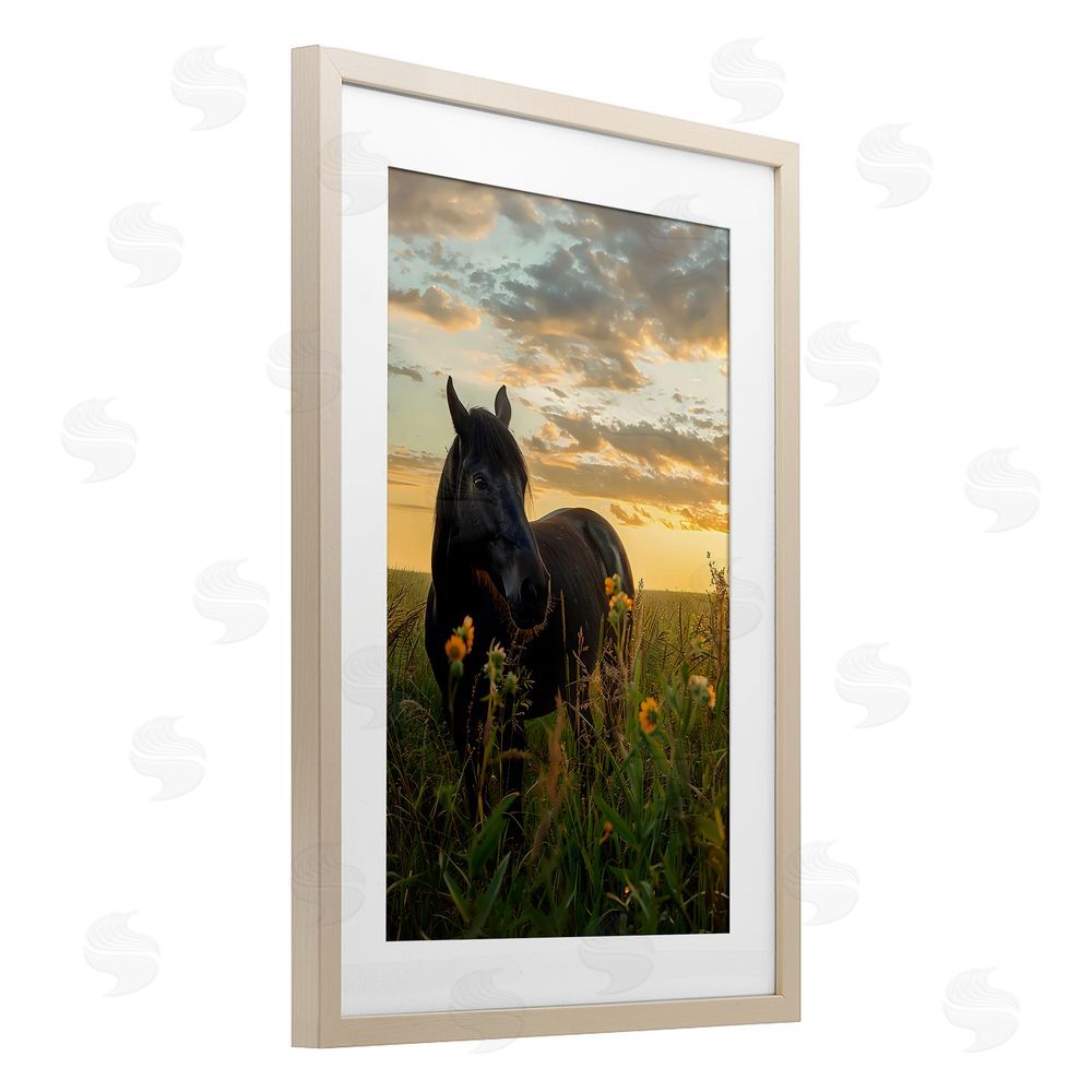 Creative Studio Standing In Field Of Flowers Brown Framed Print Under Glass with White Mat Wall Art