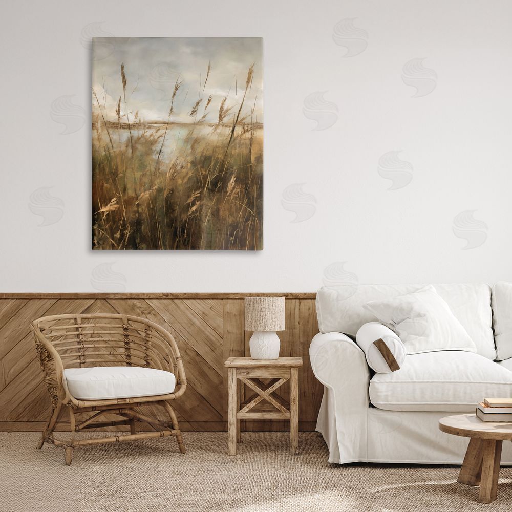 Creative Studio Tall Grass Beside Quiet Lake Stretched Canvas on Wall