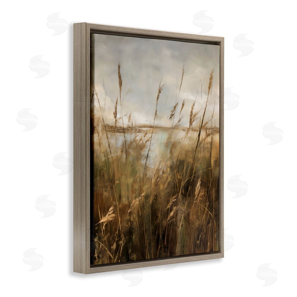 Creative Studio Tall Grass Beside Quiet Lake Brown Floating Framed Canvas Wall Art Print