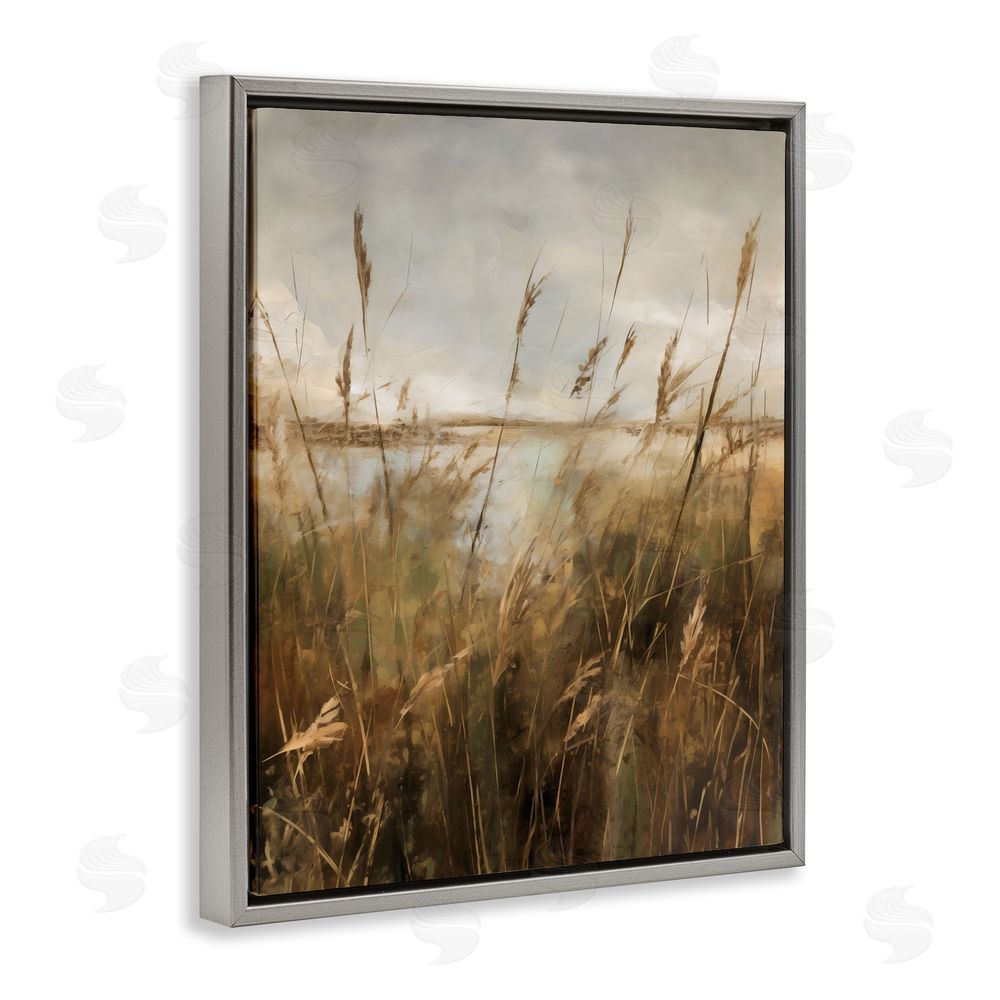 Creative Studio Tall Grass Beside Quiet Lake Gray Floating Framed Canvas Wall Art Print