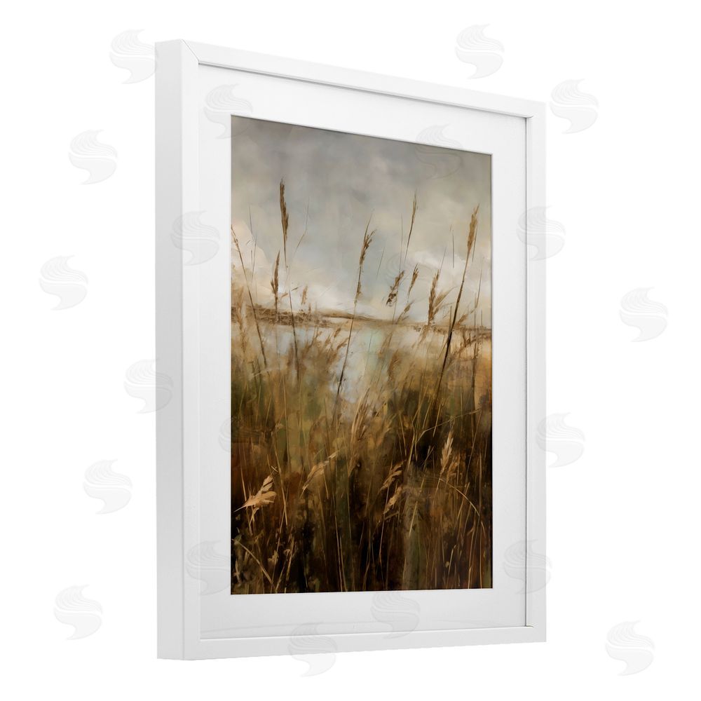 Creative Studio Tall Grass Beside Quiet Lake White Framed Print Under Glass with White Mat Wall Art