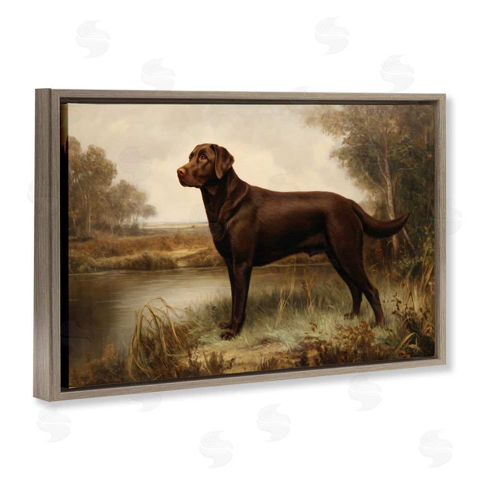 Petal Prints Design Brown Lab By The River Brown Floating Frame Stretched Canvas Wall Art Print