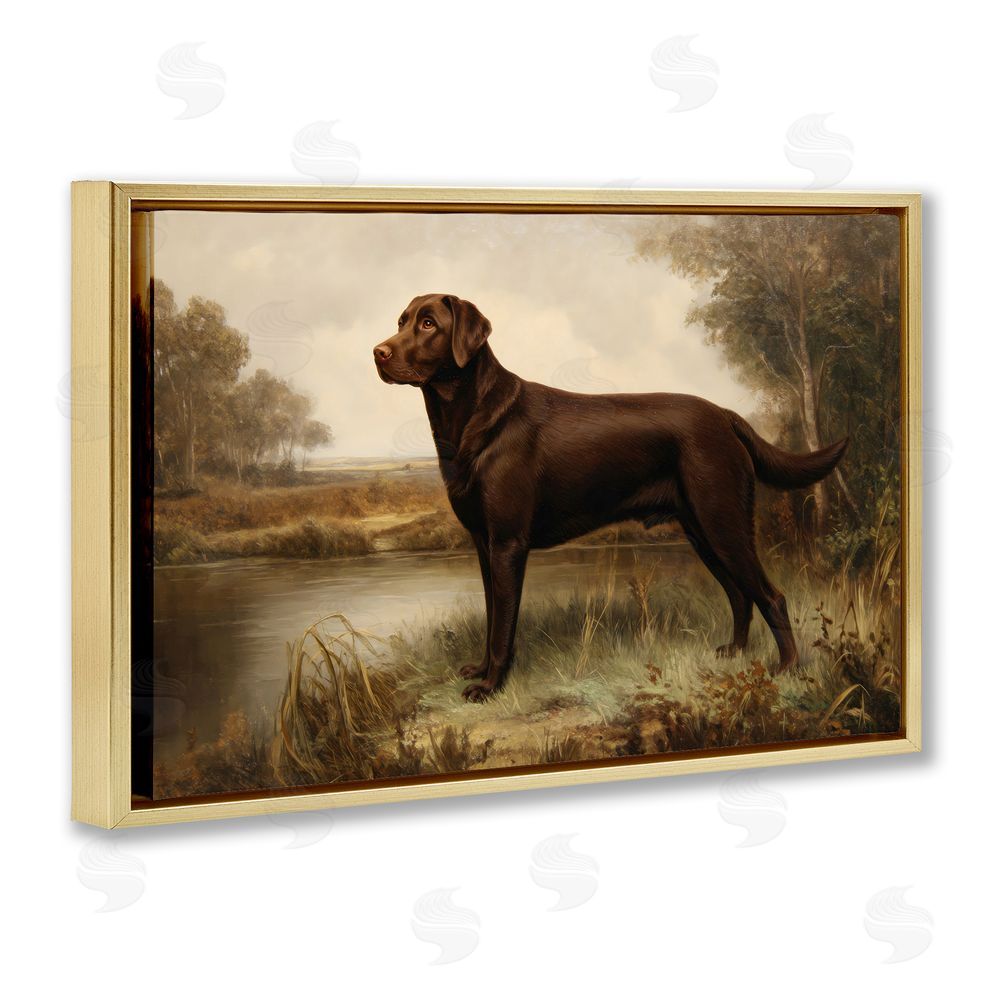 Petal Prints Design Brown Lab By The River Gold Floating Frame Stretched Canvas Wall Art Print
