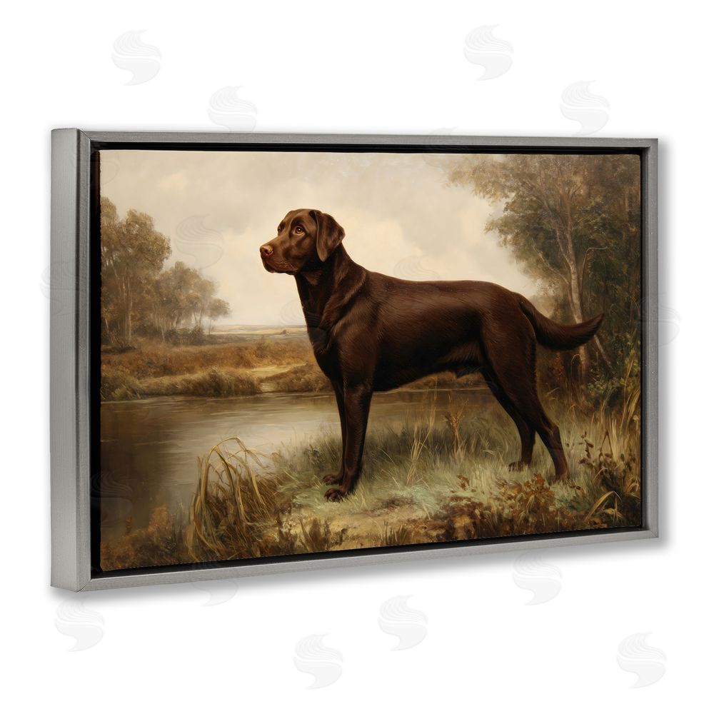 Petal Prints Design Brown Lab By The River Gray Floating Frame Stretched Canvas Wall Art Print