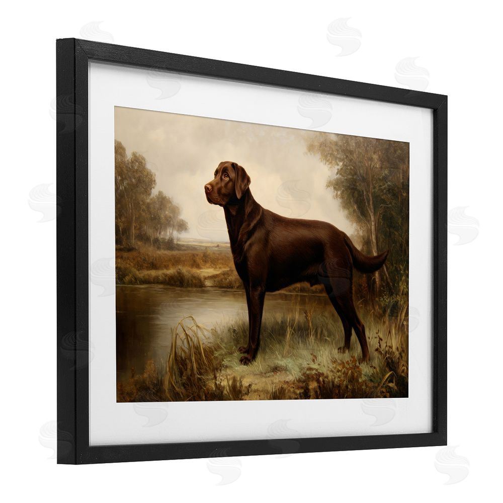 Petal Prints Design Brown Lab By The River Black Framed Print Under Glass with Matting Wall Art