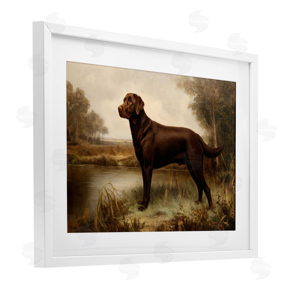 Petal Prints Design Brown Lab By The River White Framed Print Under Glass with Matting Wall Art
