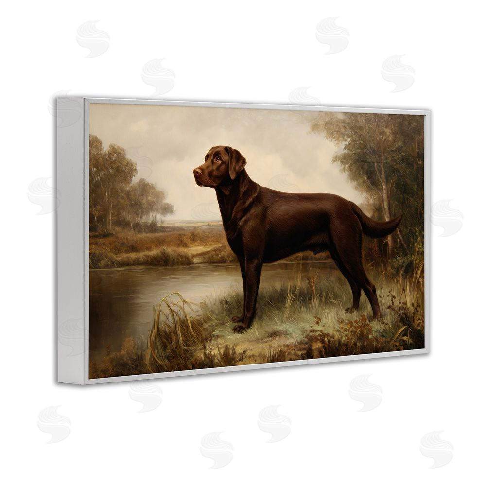 Petal Prints Design Brown Lab By The River White Framed Giclee Wall Art Print