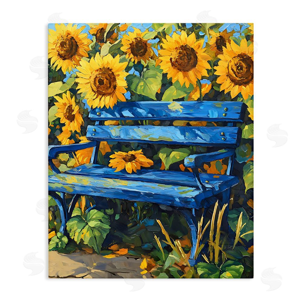 Creative Studio Bench in Sunflower Field Stretched Canvas Wall Art Print