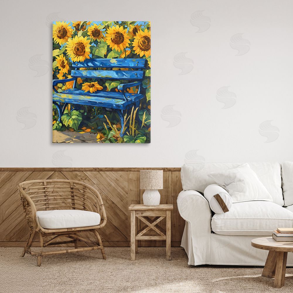 Creative Studio Bench in Sunflower Field Stretched Canvas Wall Art Print in Room