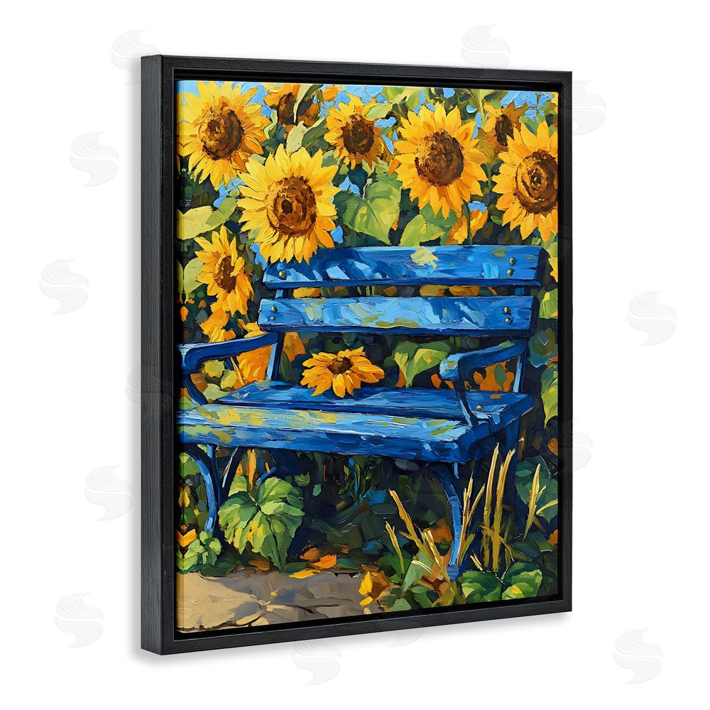 Creative Studio Bench in Sunflower Field Black Floating Frame Stretched Canvas Wall Art Print