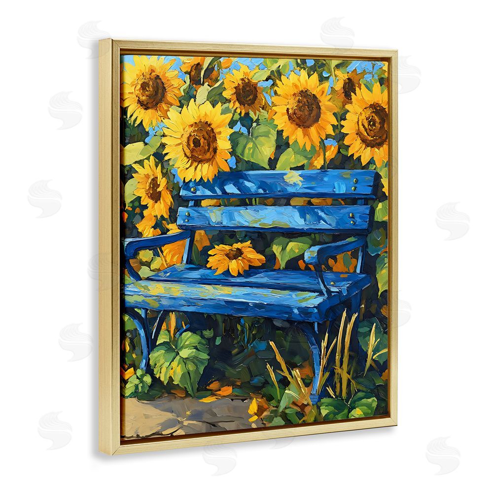 Creative Studio Bench in Sunflower Field Gold Floating Frame Stretched Canvas Wall Art Print