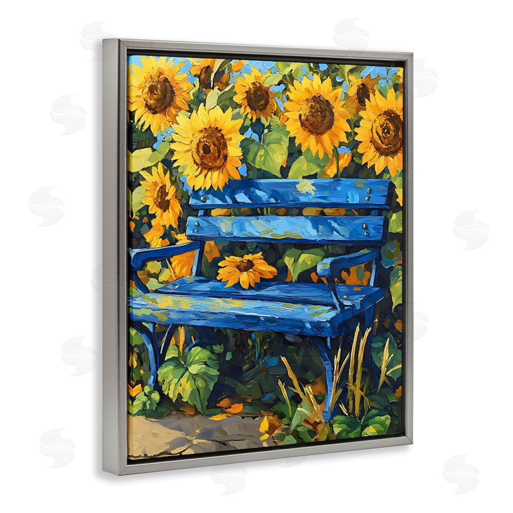 Creative Studio Bench in Sunflower Field Gray Floating Frame Stretched Canvas Wall Art Print