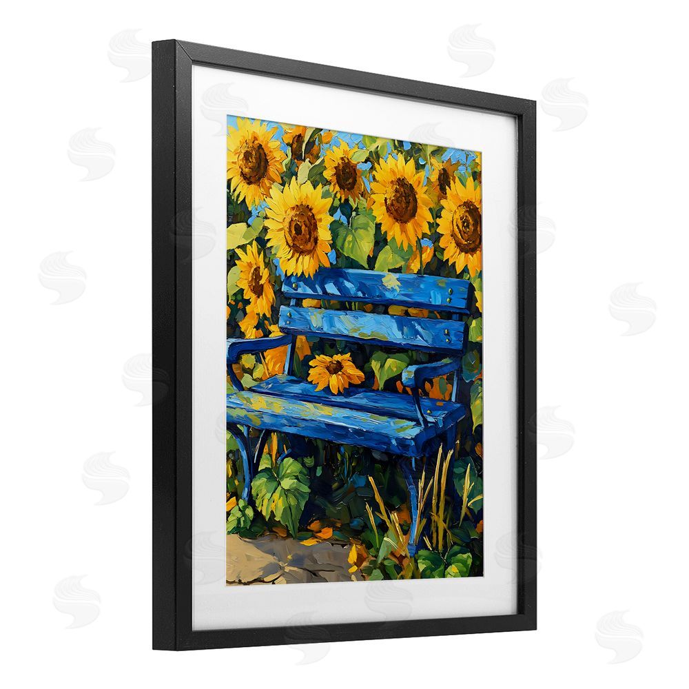 Creative Studio Bench in Sunflower Field Black Framed Print Under Glass with Matting Wall Art