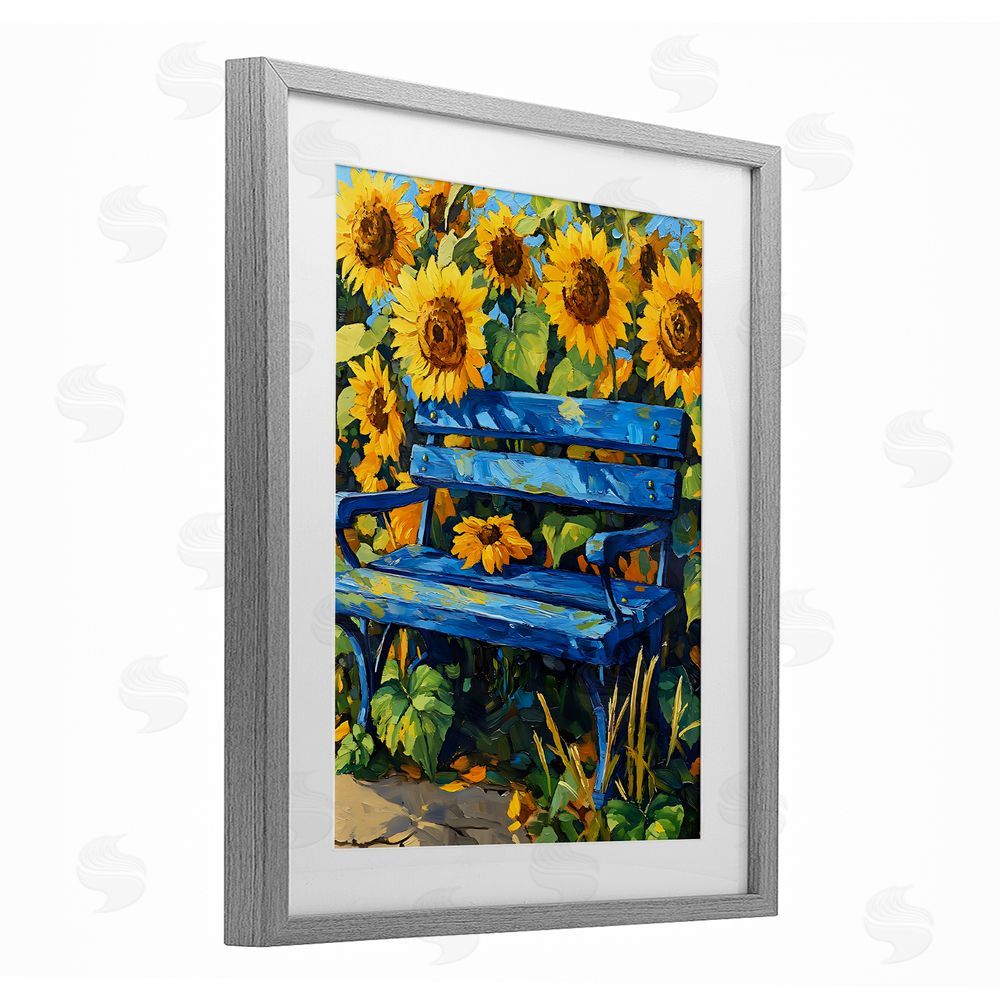 Creative Studio Bench in Sunflower Field Gray Framed Print Under Glass with Matting Wall Art