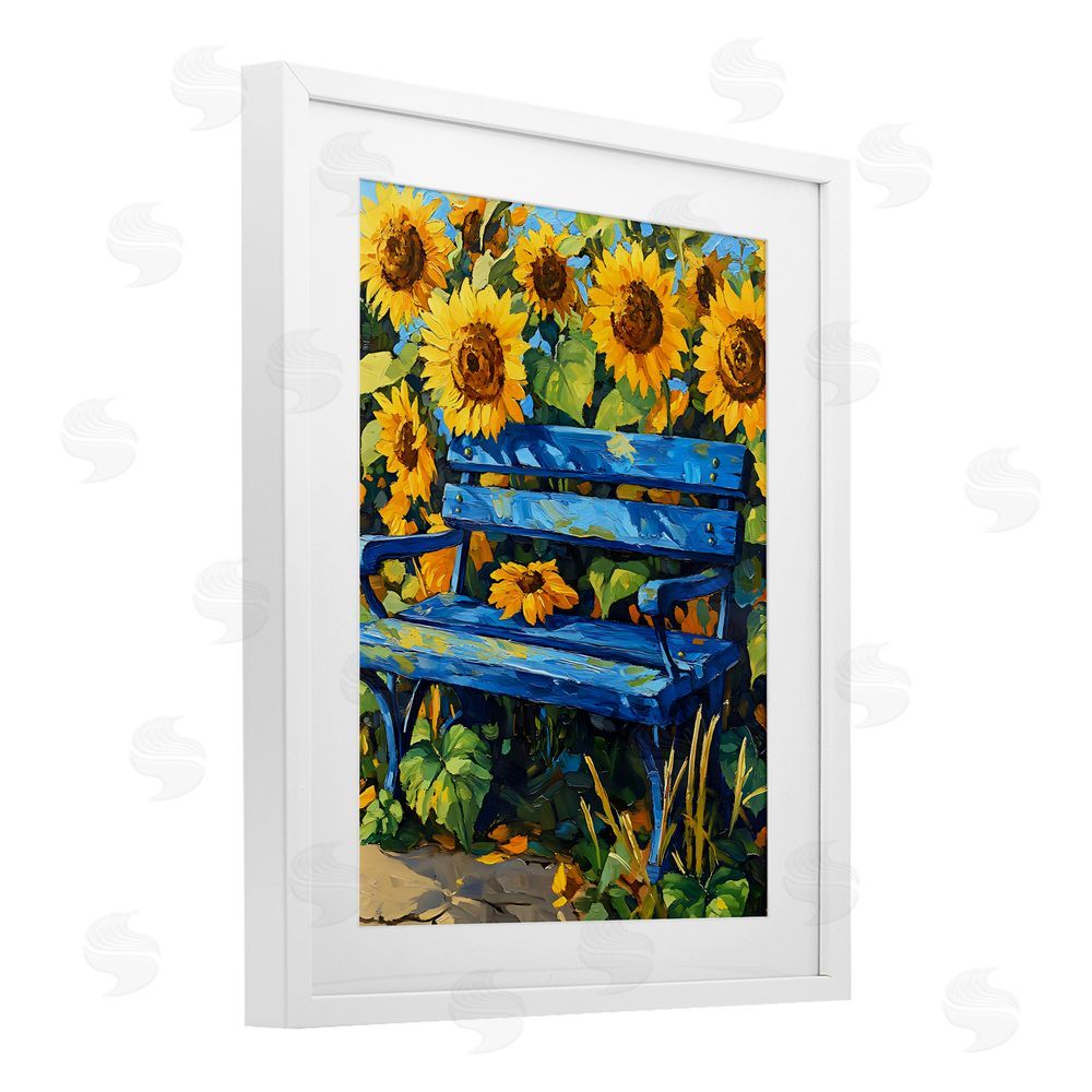 Creative Studio Bench in Sunflower Field White Framed Print Under Glass with Matting Wall Art