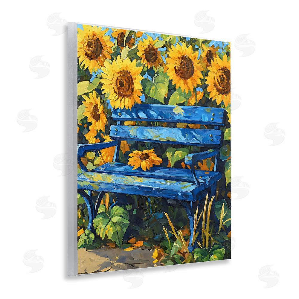 Creative Studio Bench in Sunflower Field Wall Plaque Art Print with White Foil Wrap