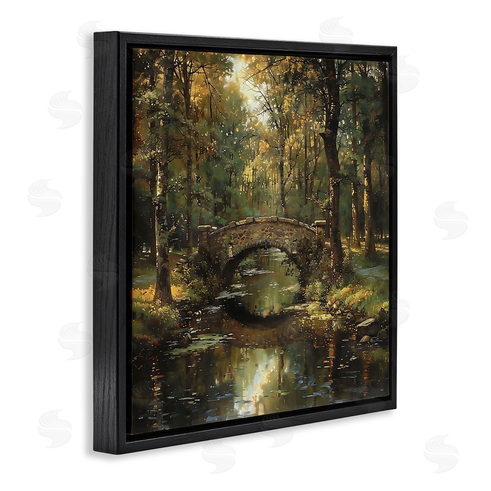 Creative Studio Forest Bridge in Autumn Light Black Floating Framed Canvas Wall Art