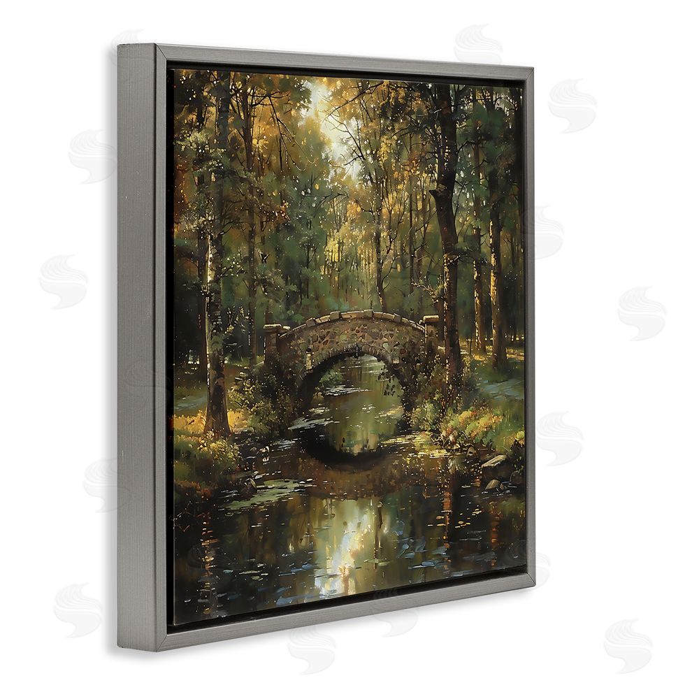 Creative Studio Forest Bridge in Autumn Light Gray Floating Framed Canvas Wall Art