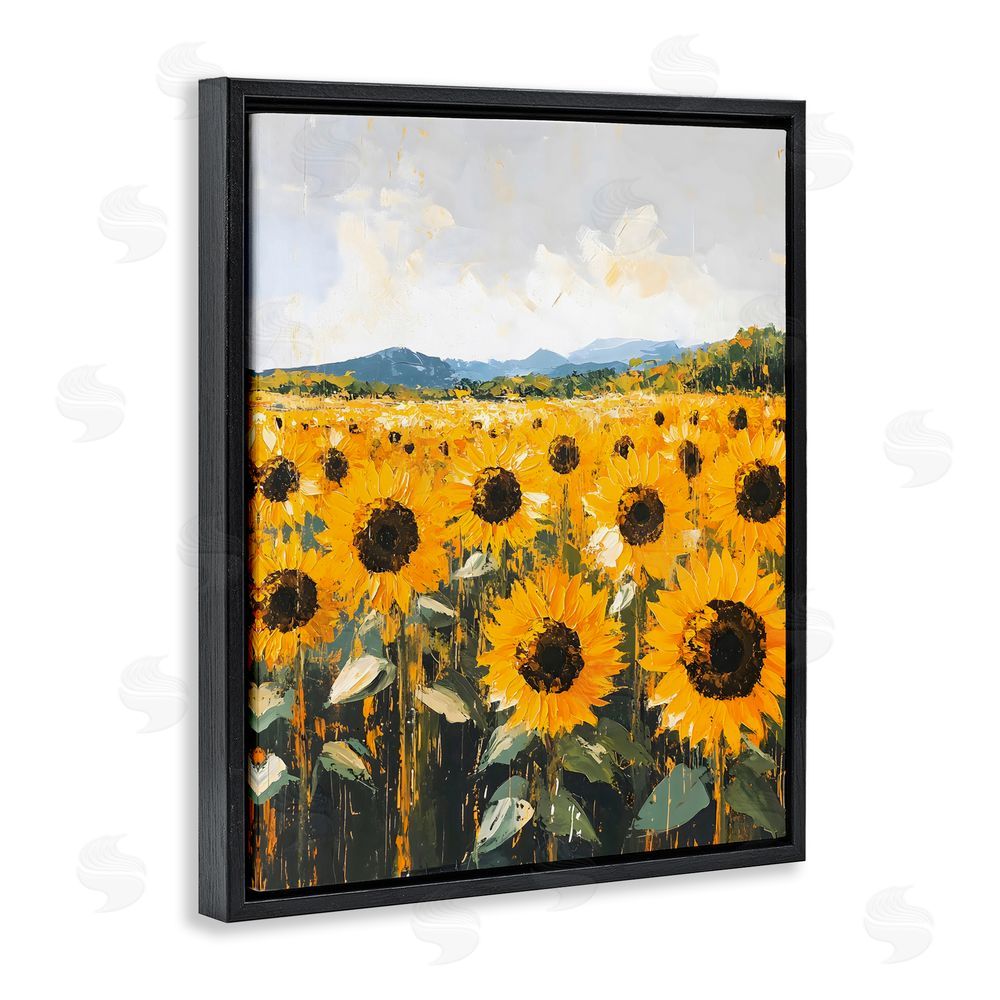 Creative Studio Beautiful Sunflowers in Field Black Floating Frame Stretched Canvas Wall Art Print