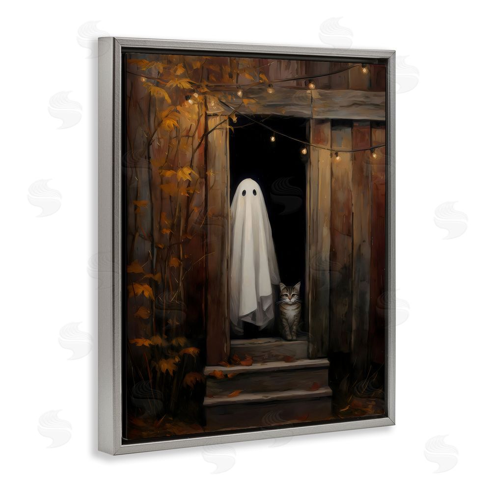 Arlington Prints Barn Ghost and Cat Gray Floating Frame Canvas Wall Art Print