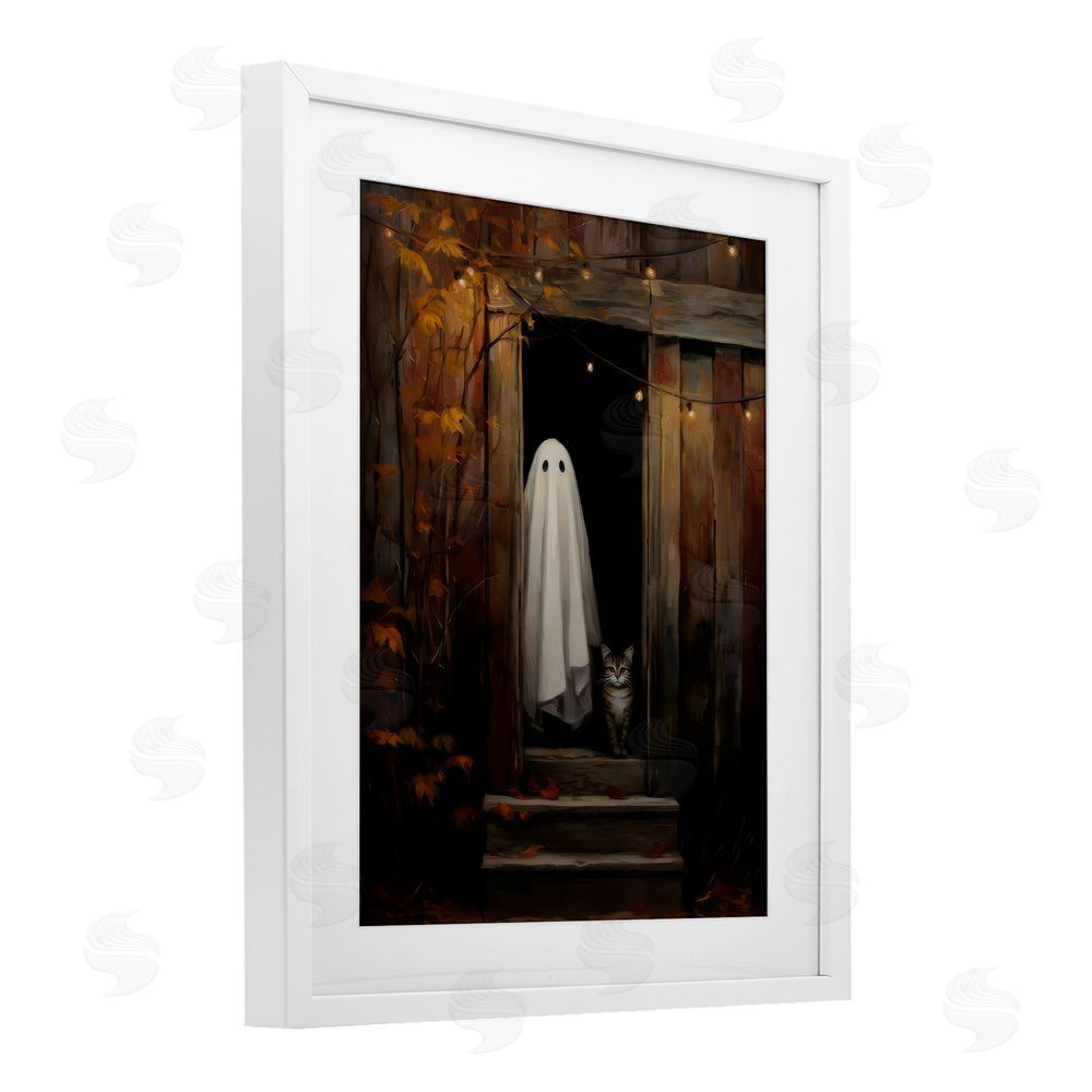 Arlington Prints Barn Ghost and Cat White Framed Print Under Glass Wall Art