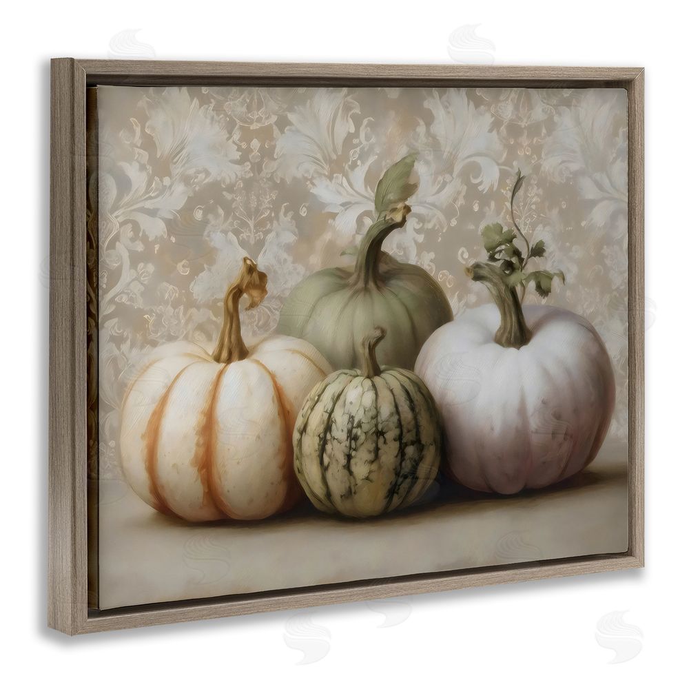Arlington Prints Pastel Gourds on Vintage Pattern Brown Floating Framed Canvas Wall Art