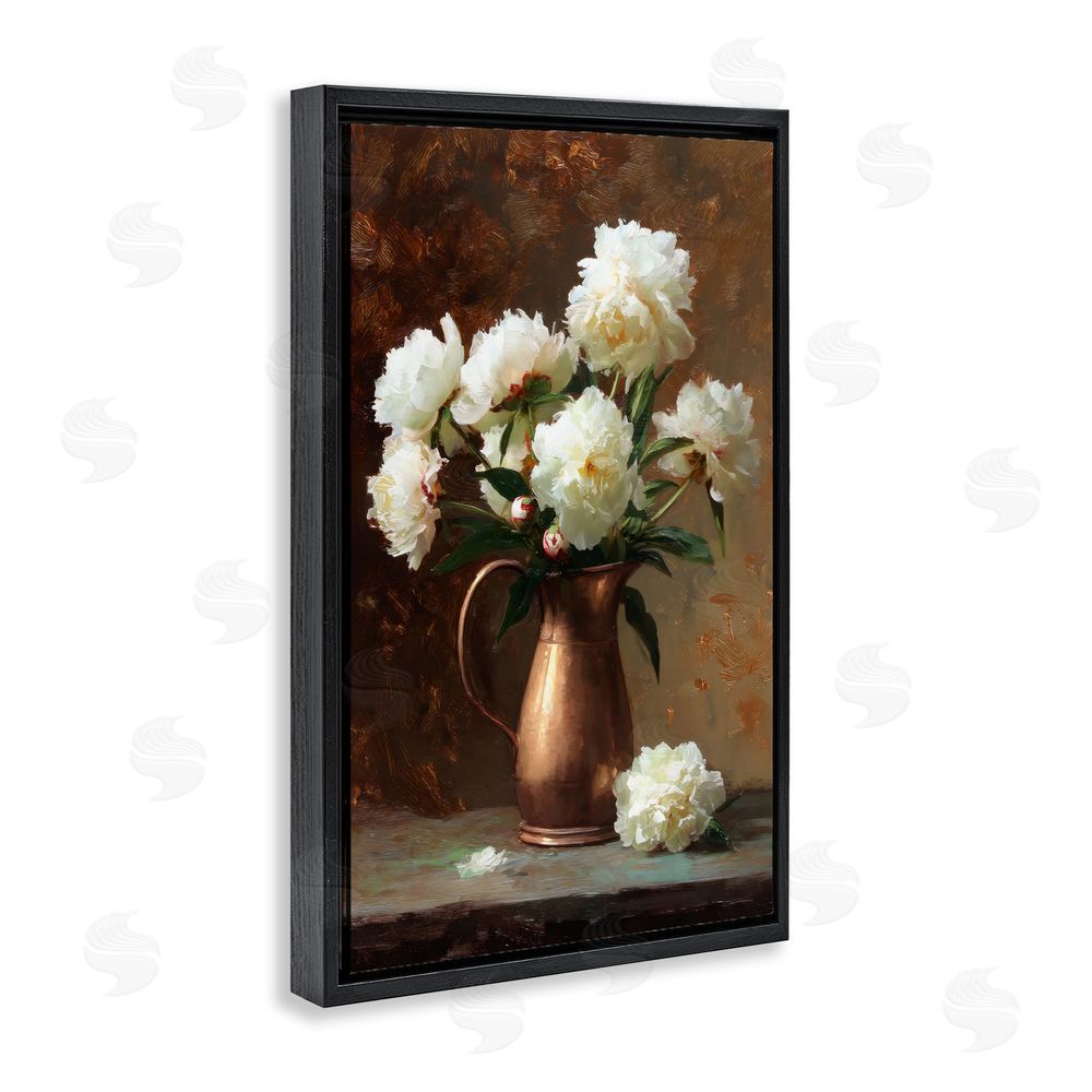 Petal Prints Design Bronze Vase Peonies Black Floating Frame Stretched Canvas Wall Art Print
