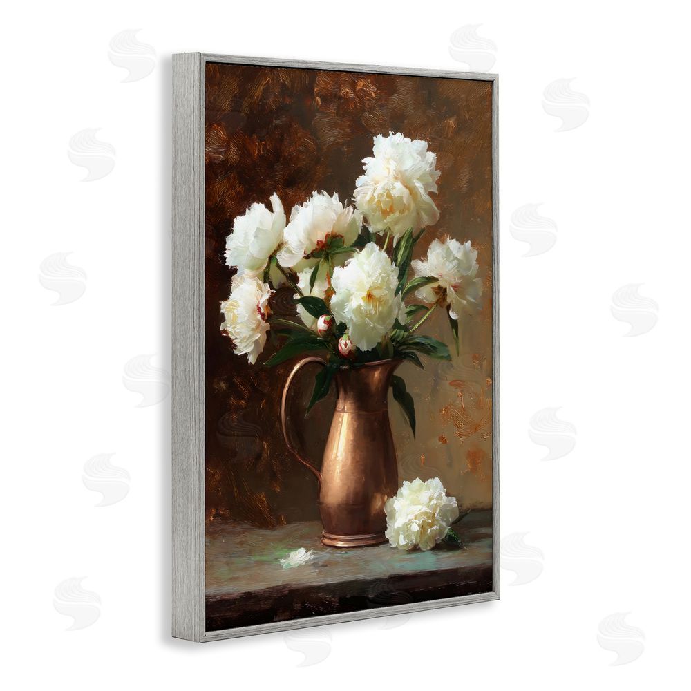 Petal Prints Design Bronze Vase Peonies Gray Framed Giclee Wall Art Print