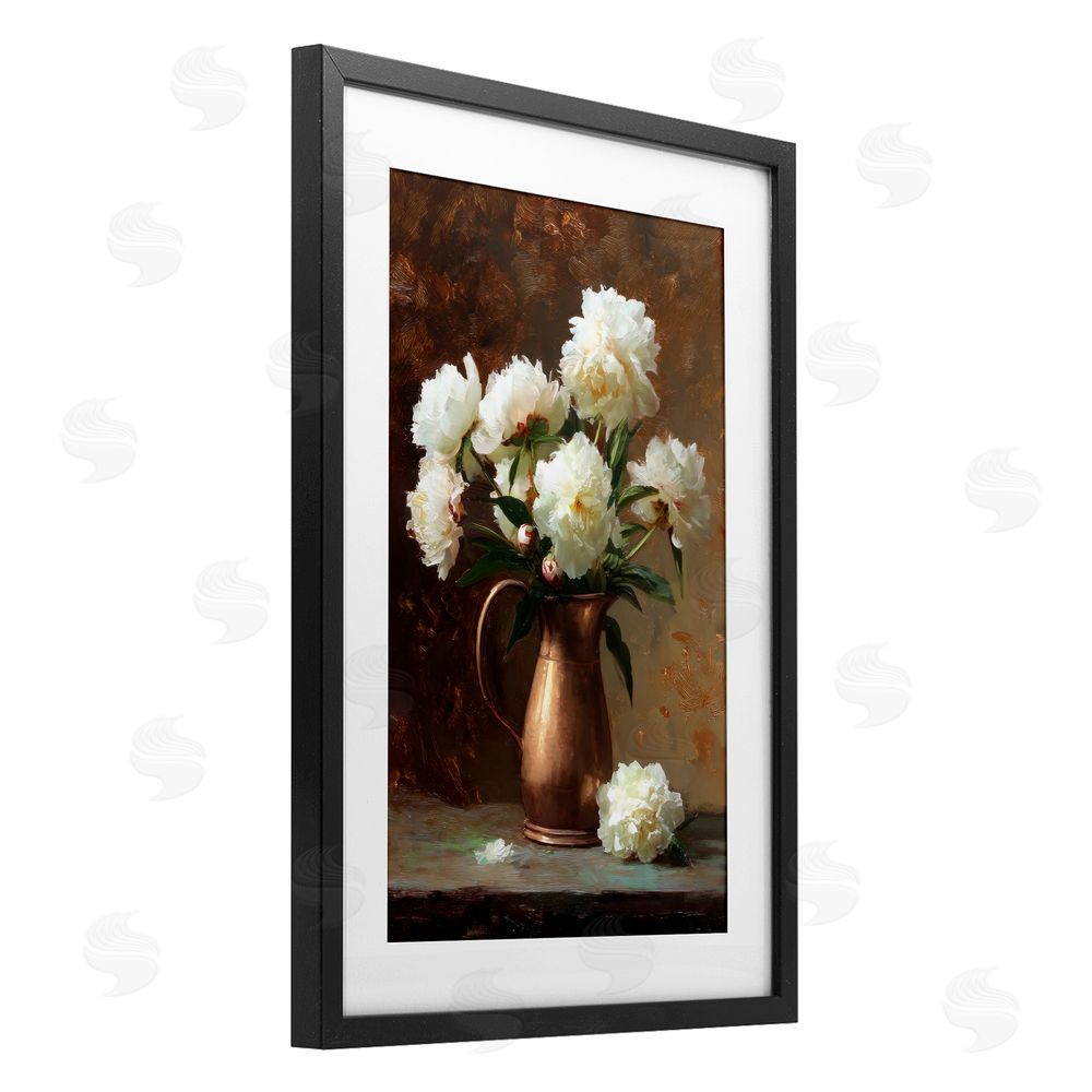 Petal Prints Design Bronze Vase Peonies Black Framed Print Under Glass with Matting Wall Art