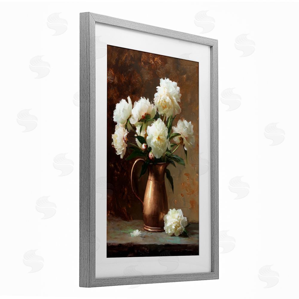 Petal Prints Design Bronze Vase Peonies Gray Framed Print Under Glass with Matting Wall Art
