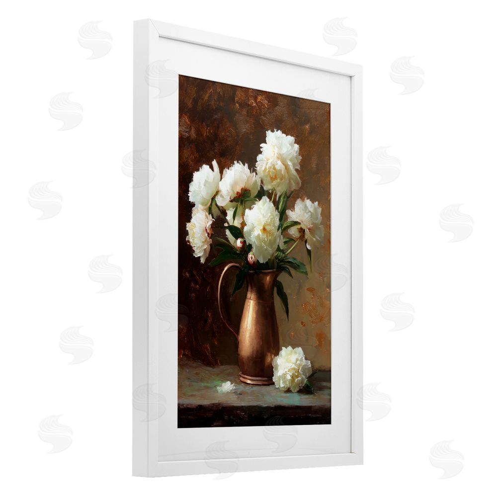 Petal Prints Design Bronze Vase Peonies White Framed Print Under Glass with Matting Wall Art