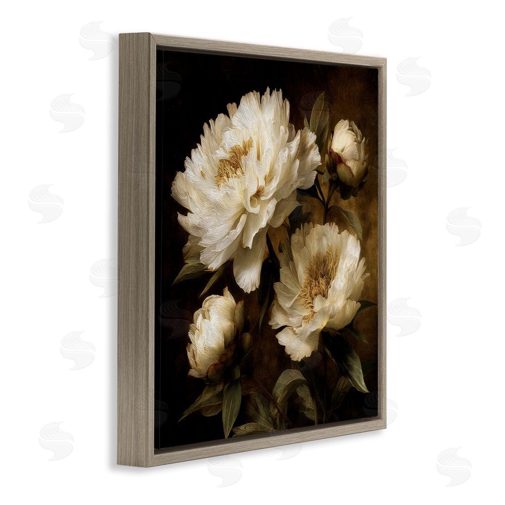 Petal Prints Design Dreamy Vintage Peony Elegance Brown Floating Frame Canvas Wall Art Print