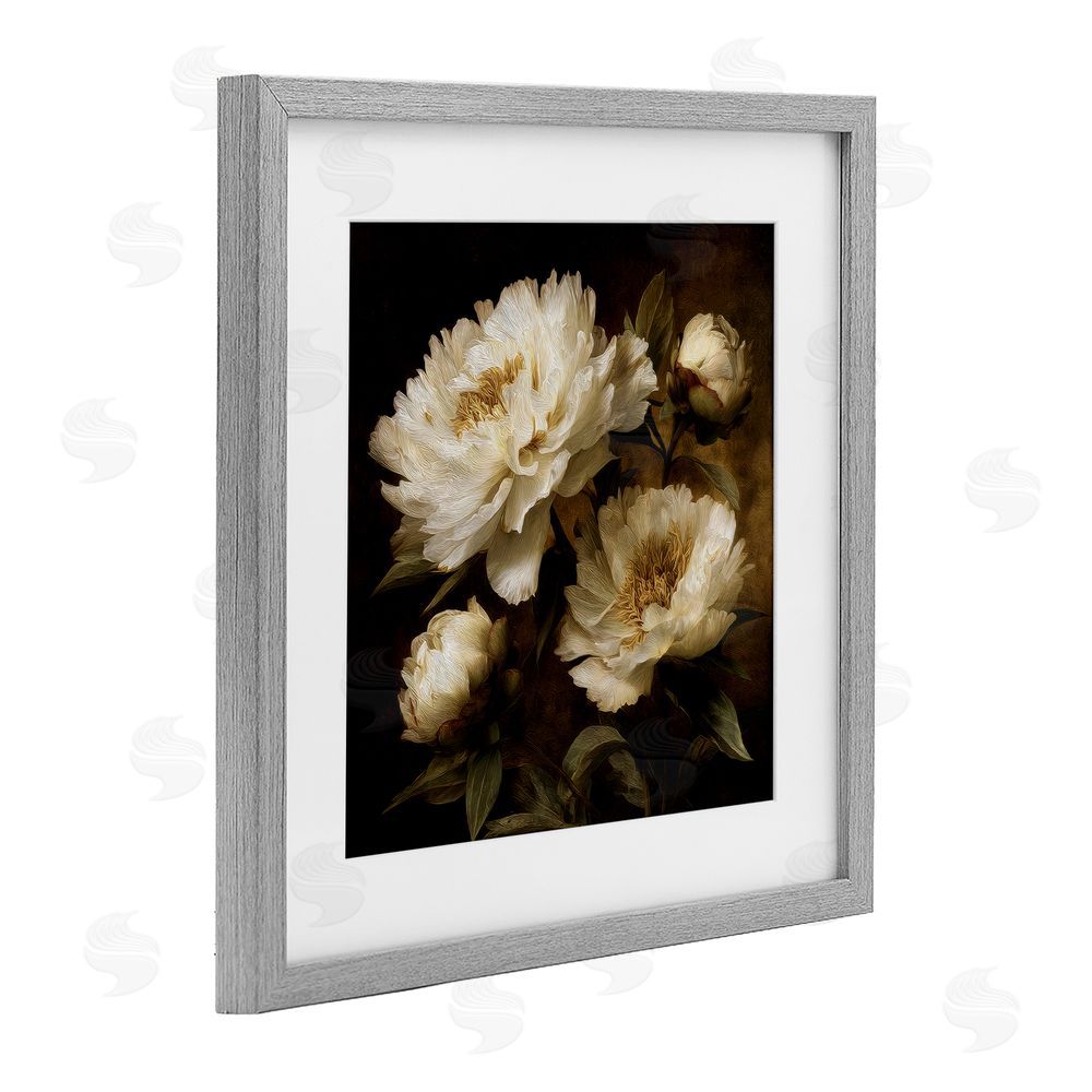Petal Prints Design Dreamy Vintage Peony Elegance Gray Framed Print Under Glass Wall Art