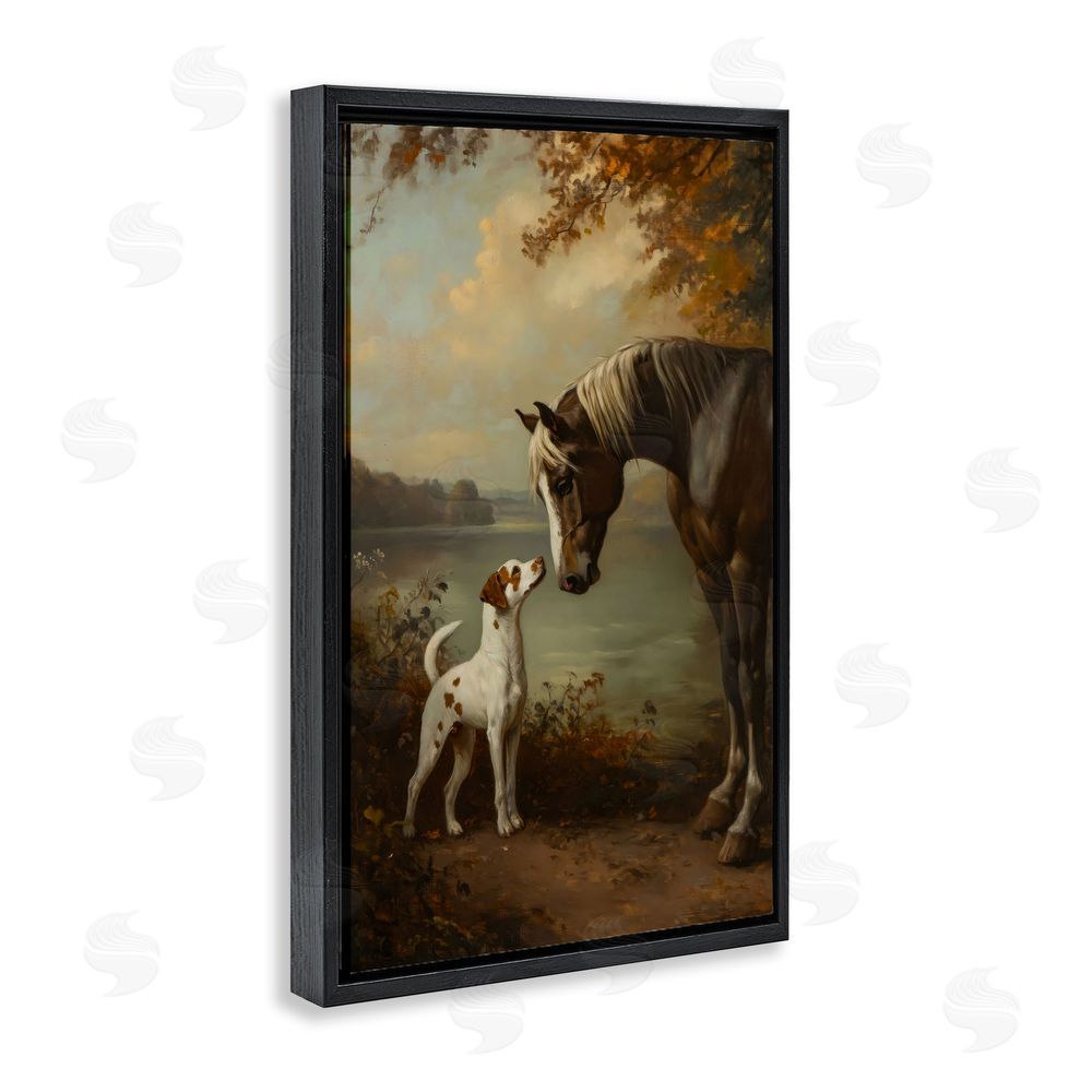 Petal Prints Design Autumn Companions Hunting Party Black Floating Frame Stretched Canvas Wall Art Print