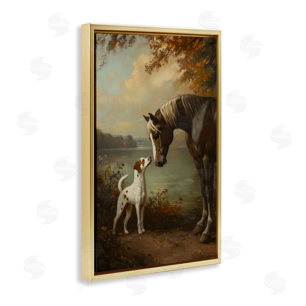 Petal Prints Design Autumn Companions Hunting Party Gold Floating Frame Stretched Canvas Wall Art Print