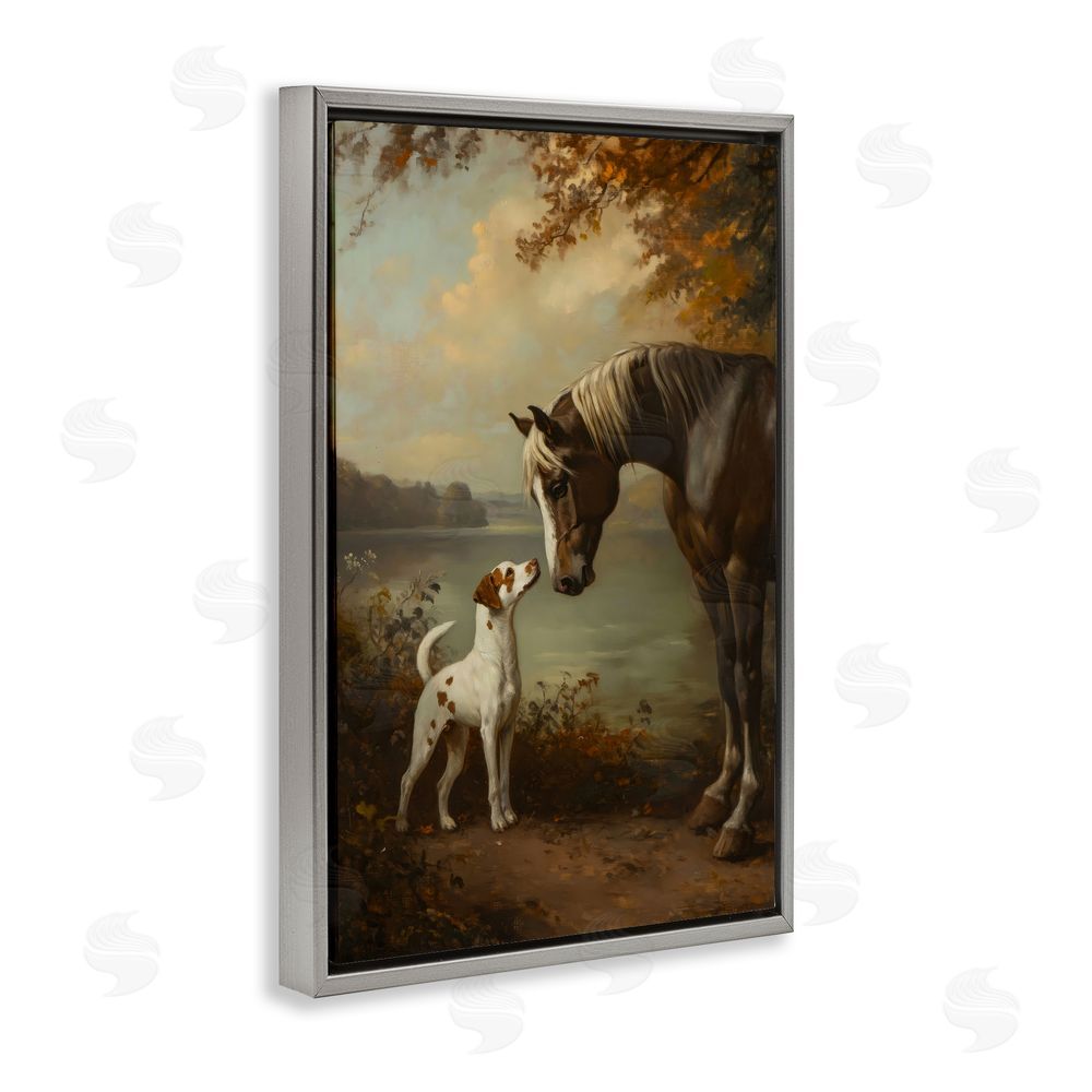 Petal Prints Design Autumn Companions Hunting Party Gray Floating Frame Stretched Canvas Wall Art Print