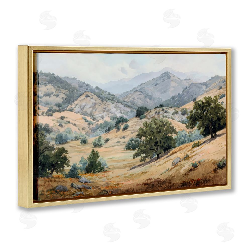 Petal Prints Design Mountains and Trees Valley View Gold Floating Framed Canvas Wall Art
