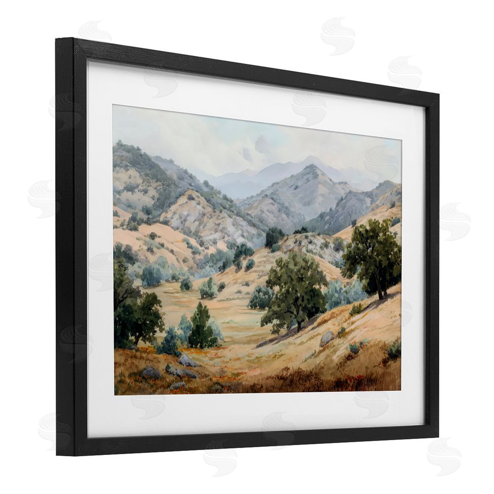 Petal Prints Design Mountains and Trees Valley View Black Framed Print Under Glass Wall Art