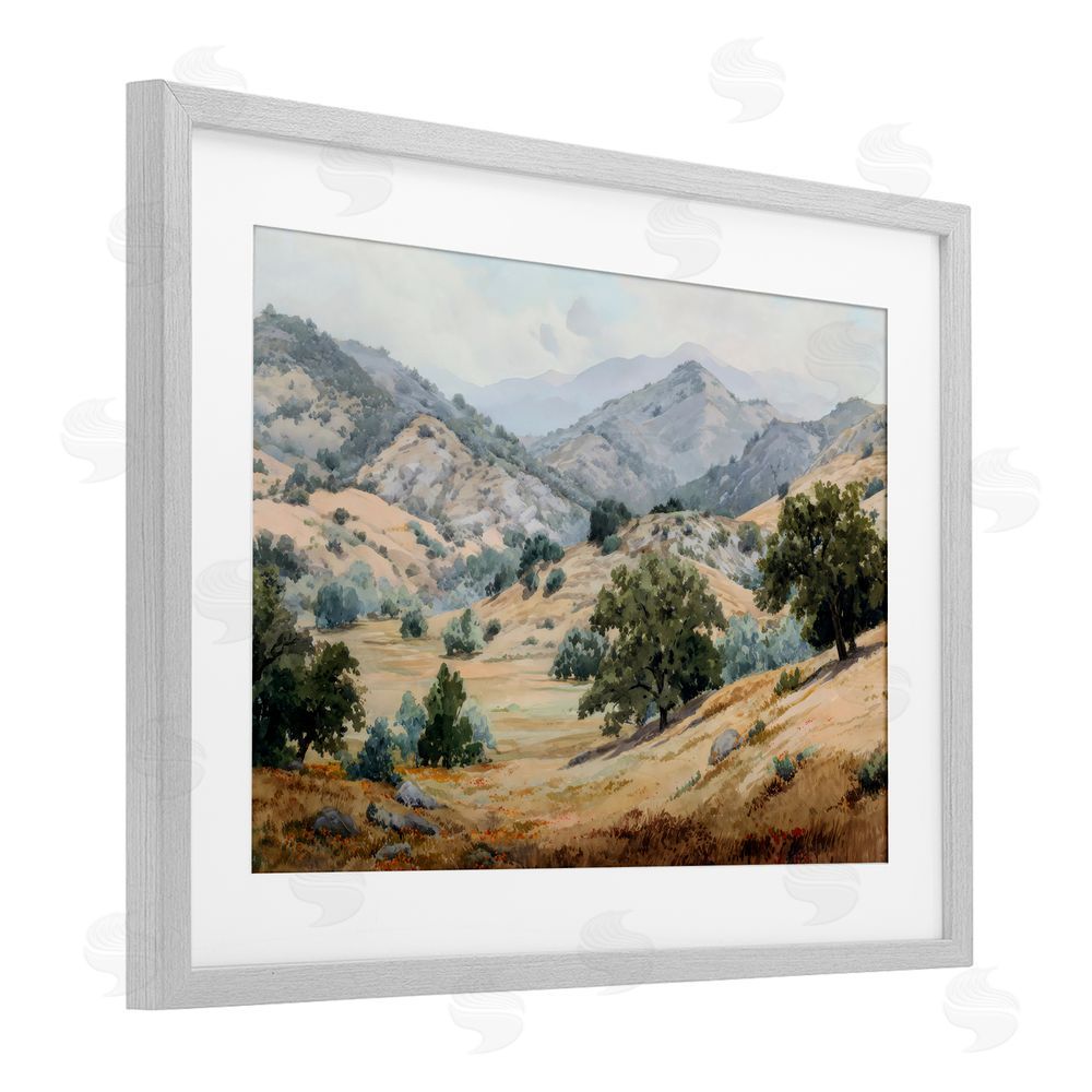 Petal Prints Design Mountains and Trees Valley View Gray Framed Print Under Glass Wall Art