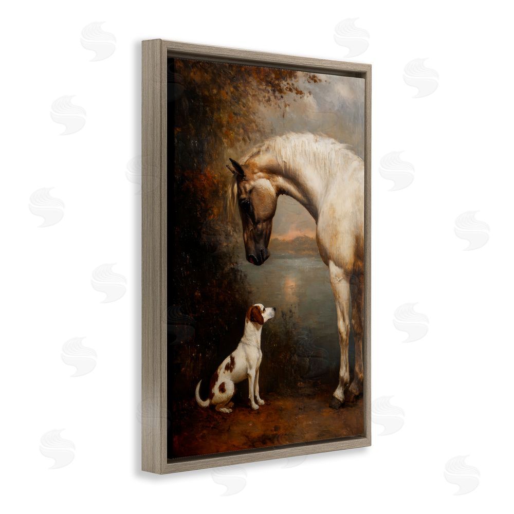 Petal Prints Design Hound & Horse Vintage View Brown Floating Framed Canvas Wall Art