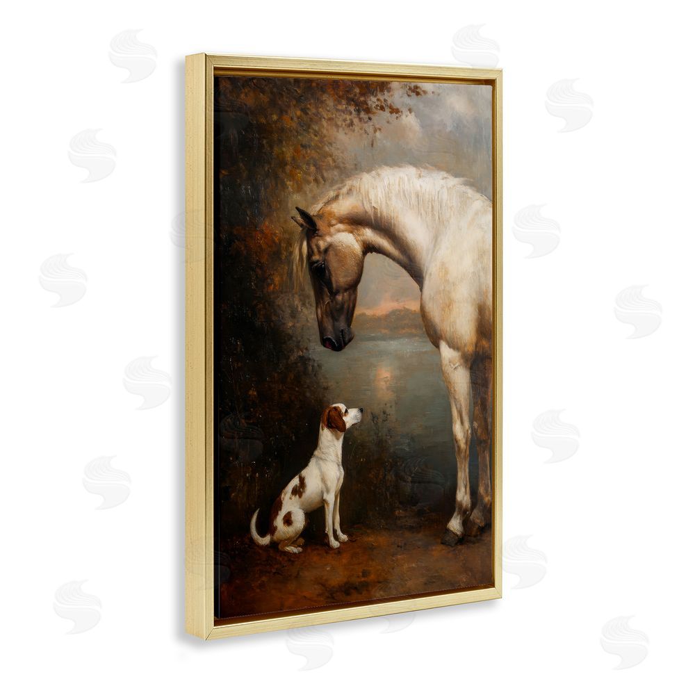Petal Prints Design Hound & Horse Vintage View Gold Floating Framed Canvas Wall Art