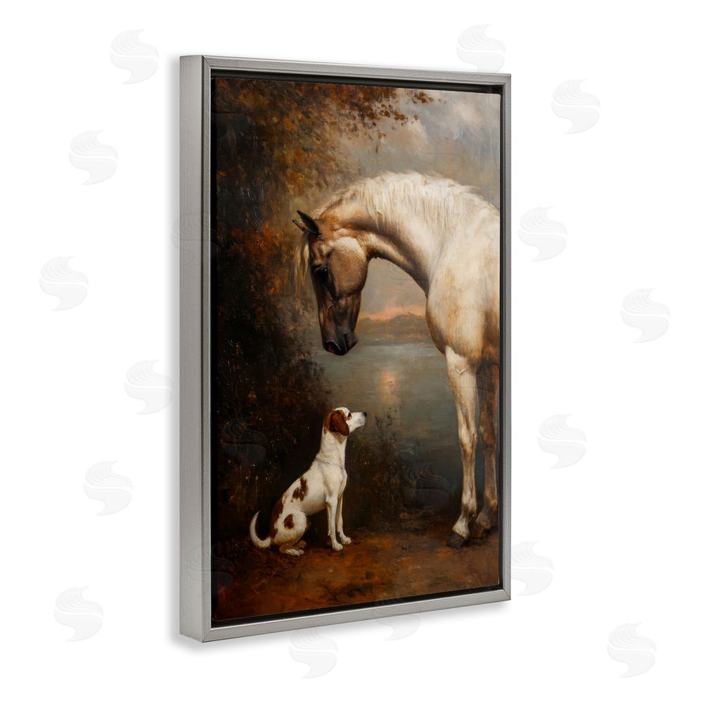 Petal Prints Design Hound & Horse Vintage View Gray Floating Framed Canvas Wall Art
