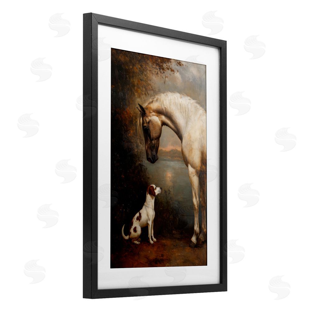 Petal Prints Design Hound & Horse Vintage View Black Framed Print Under Glass Wall Art