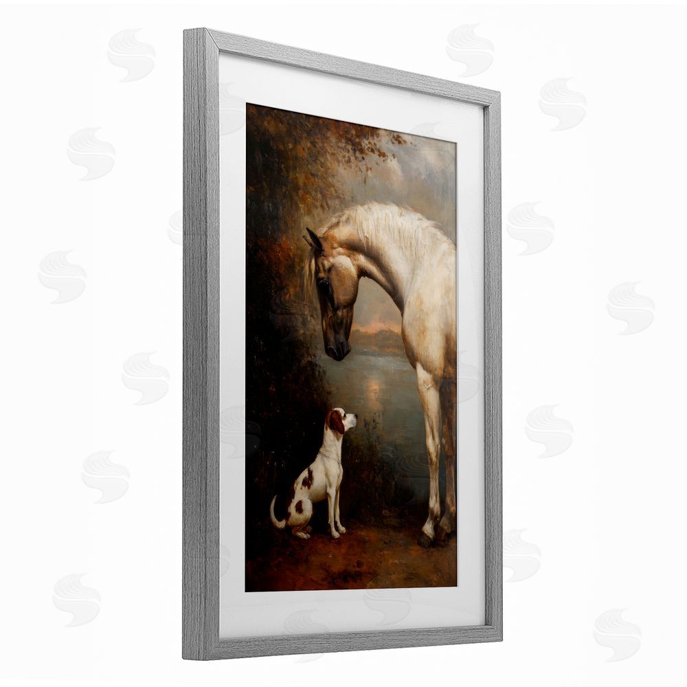 Petal Prints Design Hound & Horse Vintage View Gray Framed Print Under Glass Wall Art
