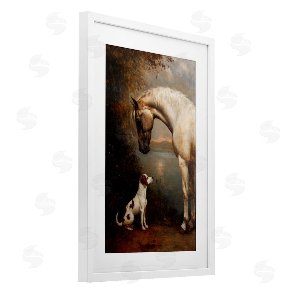 Petal Prints Design Hound & Horse Vintage View White Framed Print Under Glass Wall Art