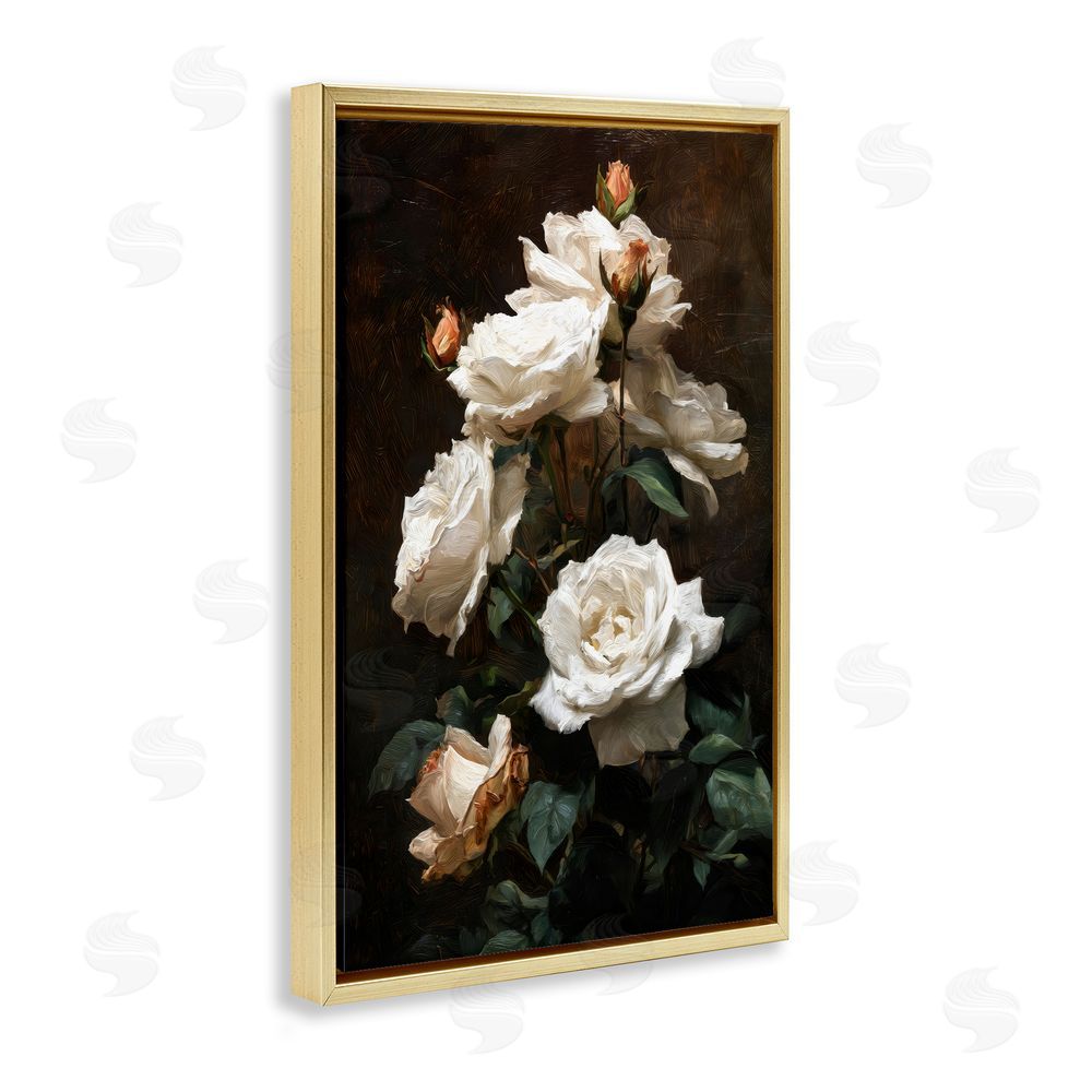 Petal Prints Design Tower of White Roses Gold Floating Framed Canvas Wall Art Print